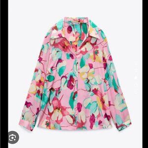 ZARA | Floral Satin Blouse Pink Sz S
